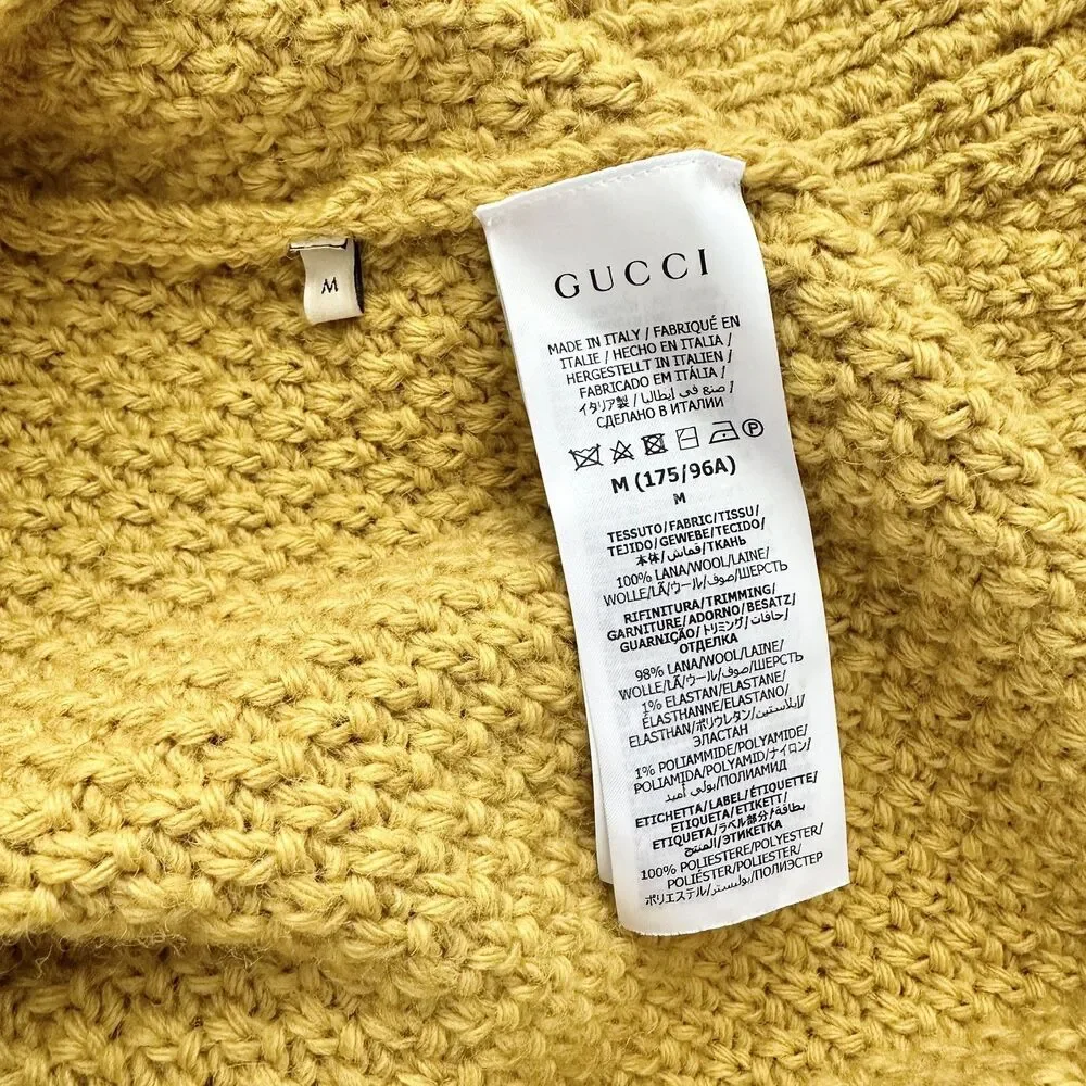 GUCCI V-Neck Cable Knit Wool Sweater Detachable Sleeve in Yellow Size Medium